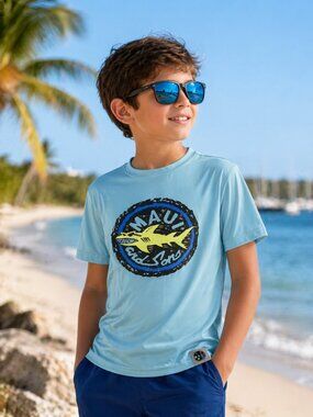 Mad Engine Maui & Sons UPF 50+ Kids Size XL Light Blue Shark Graphic Tee UV